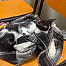 black_and_white, casual, cat, chair_seat, cozy, domestic_animal, fabric, feline, fur, indoor, kitten, pet, plaid, quiet, relaxed, resting, shirt, sleeping, small_animal, wooden_chair