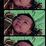 baby, infant, child, film_strip, triptych, portrait, closeup, blanket, bedding, striped_clothing, gaze_up, smile, cheeks, hair, soft_lighting, grainy, retro, frame_border, cozy, mittens