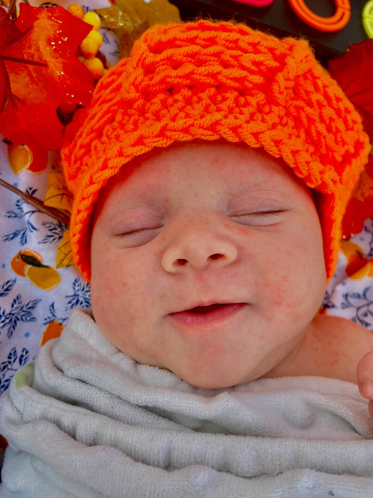 Aria joined the competition — help win amazing prizes! baby, baby_sleeping, baby_toddler_clothing, beauty, cap, cheek, child, face, happy, hat, headgear, headwear, knit_cap, linens, orange, people, person, pink, product, skin