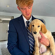 Miller is registered to the contest to win money with this photo: man, puppy, dog, golden_retriever, indoor, holding, suit, tie, young_adult, portrait, light, floor, carpet, door, hand, hair, face, casual, home, affection