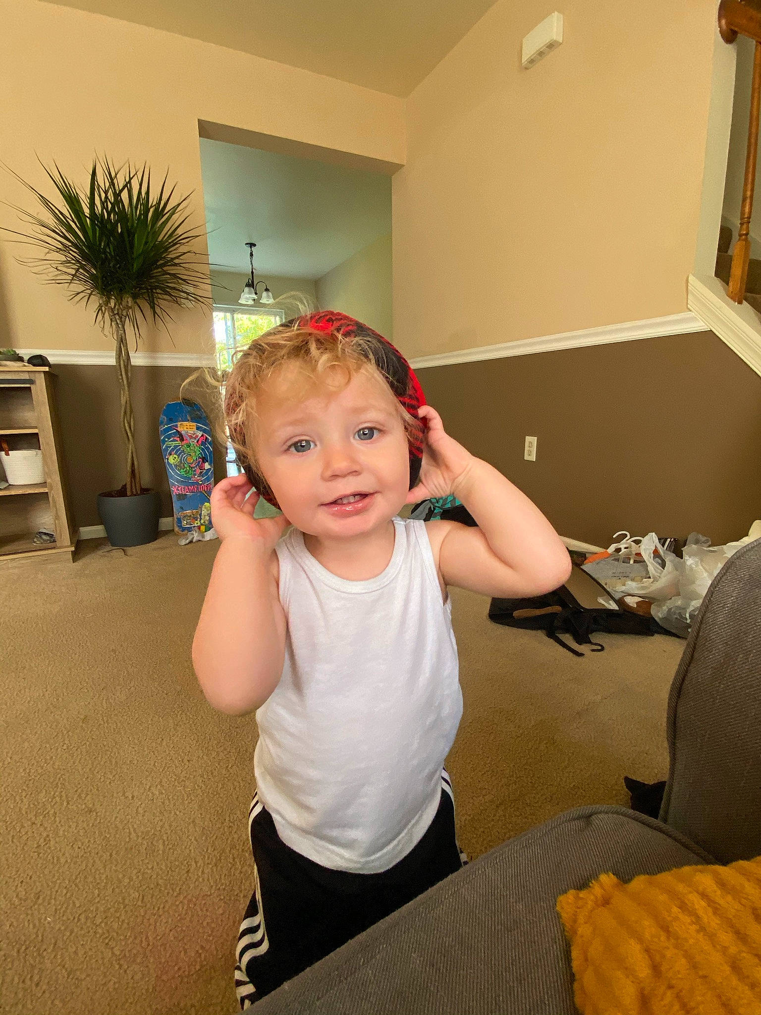 Miles is registered to the contest to win money with this photo: active_pants, ankle, baby, baby_toddler_clothing, balance, bookcase, child, elbow, flooring, flowerpot, foot, hair_accessory, houseplant, person, room, shelf, shelving, shoulder, sock, toddler