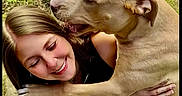 Rooney is registered to the contest to win money with this photo: affection, brown_hair, canine, casual_clothing, closeup, dog, embrace, friendship, grass, greenery, happy, joy, nature, outdoor, pavement, pet, playful, smiling, watch, woman