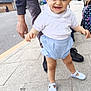 toddler, child, smiling, walking, sidewalk, urban, adult, hand, white_shirt, blue_shorts, baby_shoes, outdoor, daylight, person, street, happiness, cute, support, city, casual_clothing