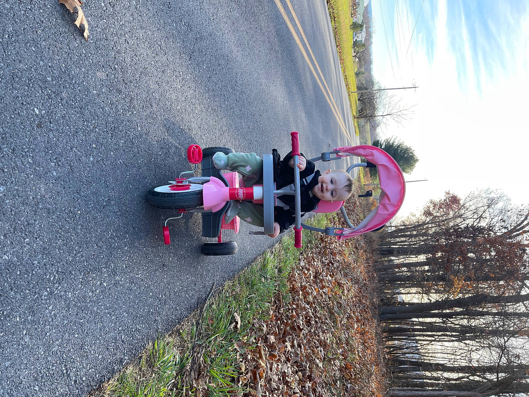 Emalyne joined the competition — help win amazing prizes! asphalt, automotive_tire, automotive_wheel_system, concrete, grass, landscape, leisure, line, magenta, person, plant, pole, recreation, road, road_surface, sidewalk, sky, tar, tire, tree