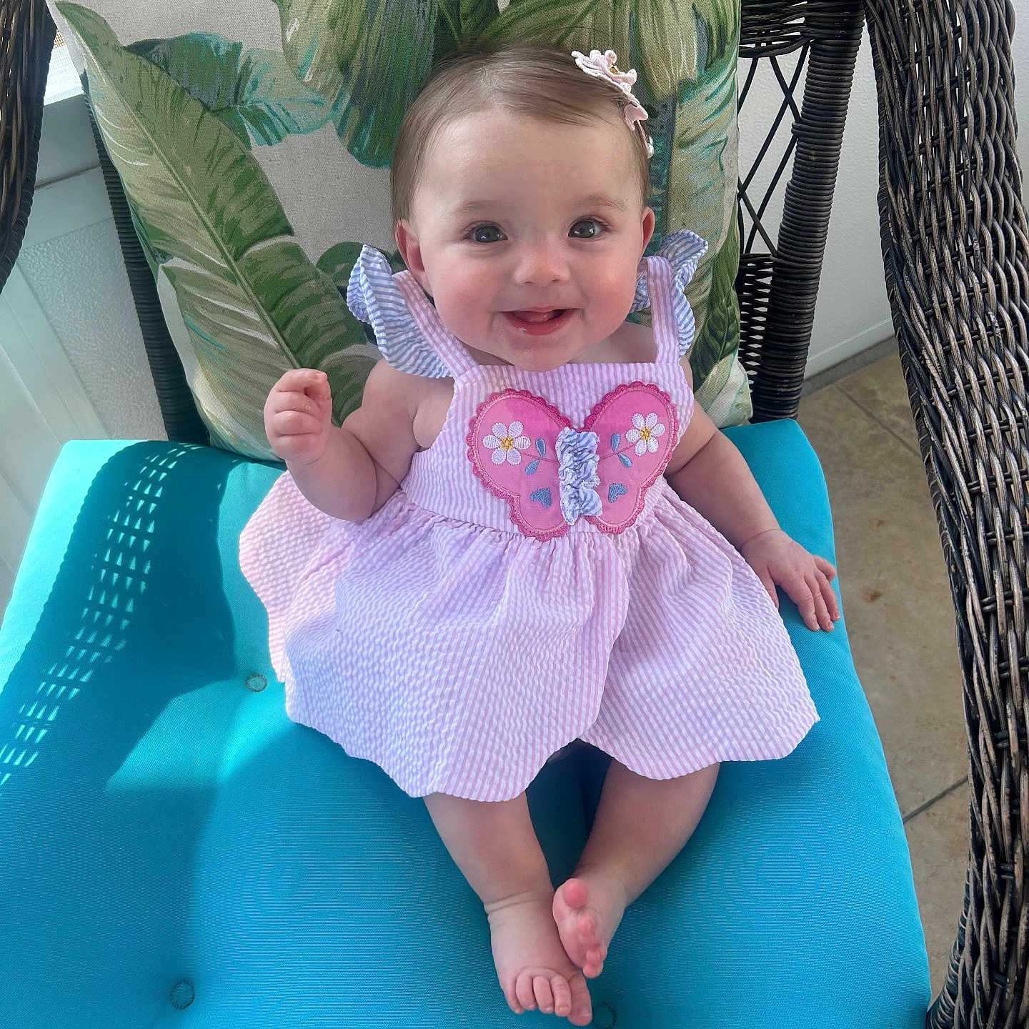 Layla Faith joined the competition — help win amazing prizes! baby, child, smiling, pink_dress, butterfly, wicker_chair, cushion, indoor, happy, cute, infant, person, portrait, seated, blue_cushion, hair_clip, small_feet, cheerful, bright, sunlight