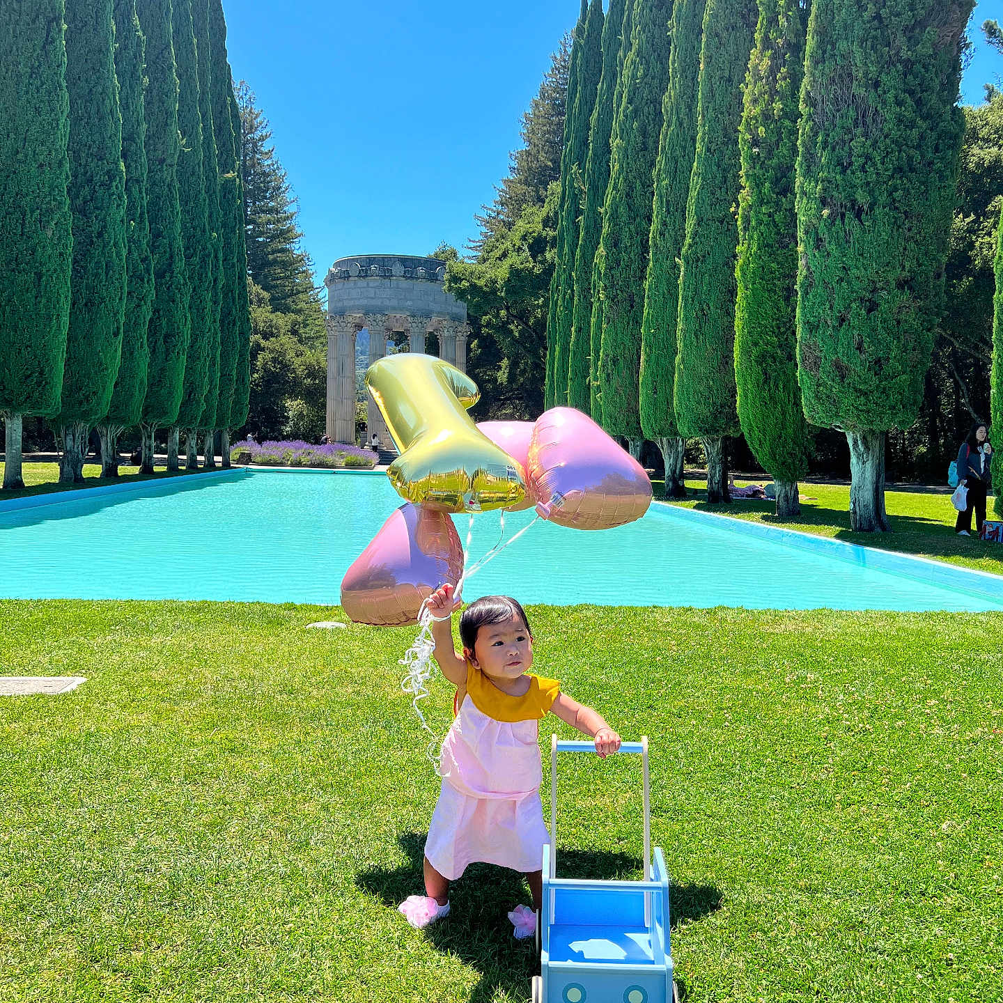 Maira is registered to the contest to win money with this photo: balloons, blue_sky, child, cypress_trees, grass, greenery, happy, nature, number_balloon, outdoor, pink_dress, play, reflecting_pool, shoes, summer, sunny, toddler, toy_stroller, trees, walking