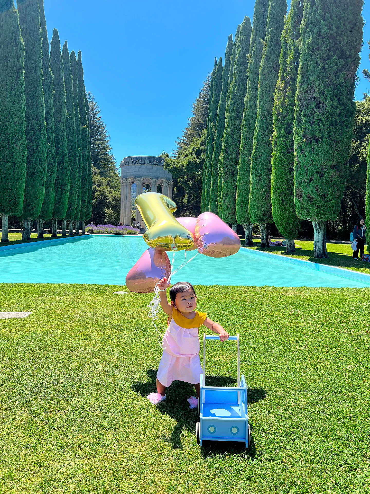Maira is registered to the contest to win money with this photo: toddler, child, balloons, number_balloon, pink_dress, toy_stroller, grass, outdoor, sunny, trees, cypress_trees, reflecting_pool, blue_sky, shoes, play, summer, greenery, nature, happy, walking