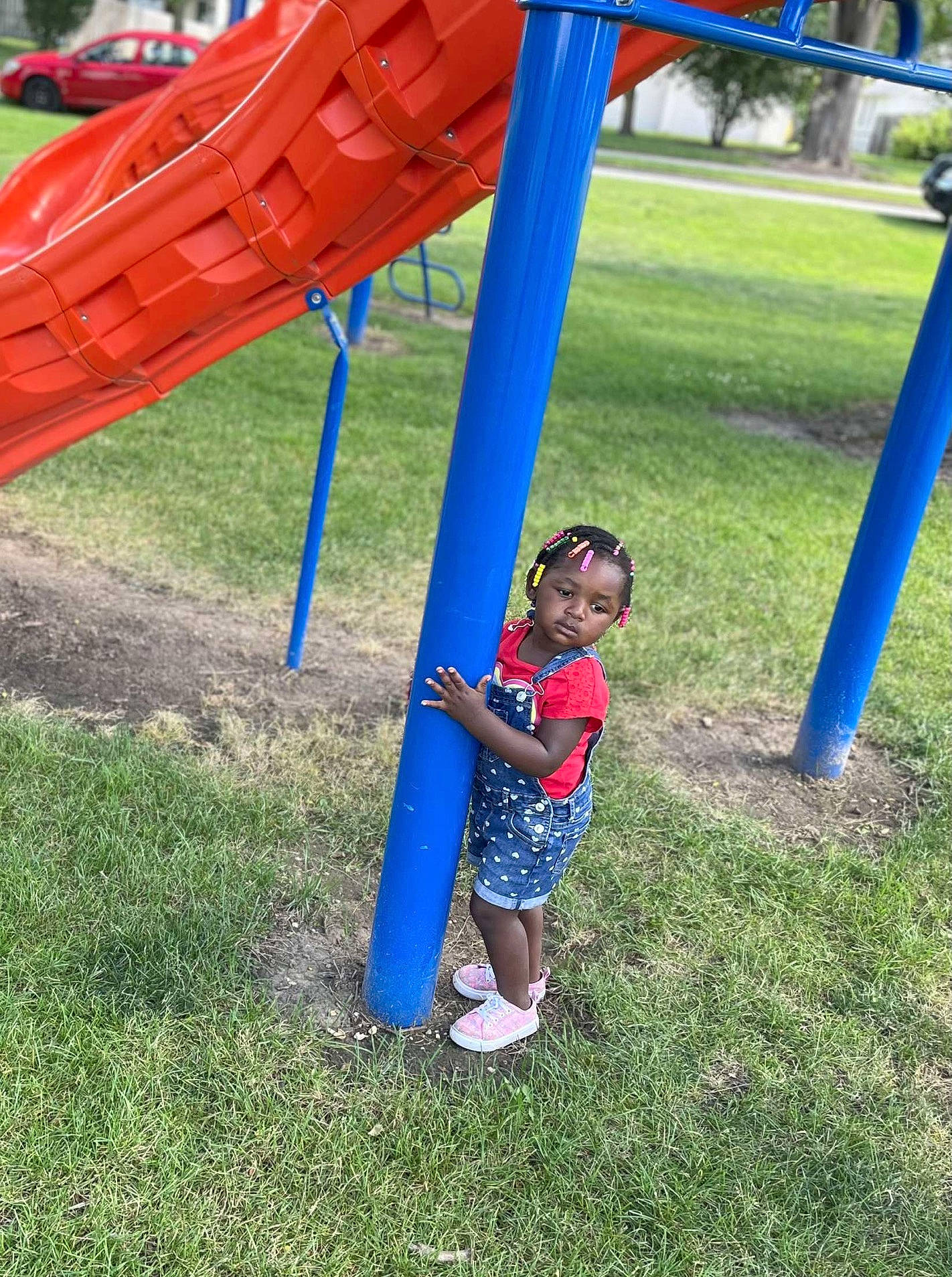 Juju joined the competition — help win amazing prizes! baby_toddler_clothing, blue, child, chute, city, electric_blue, fun, grass, leisure, outdoor_play_equipment, person, plant, play, playground, pole, recreation, shade, shorts, t_shirt, toddler