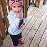 Scarlett joined the competition — help win amazing prizes! black_pants, cat_ears, child, colorful_socks, cute, daylight, face_paint, hand_on_lips, looking_up, outdoor, person, pink_hat, pink_shoes, play_area, playground, smiling, toddler, white_sweatshirt, wooden_deck, wooden_structure