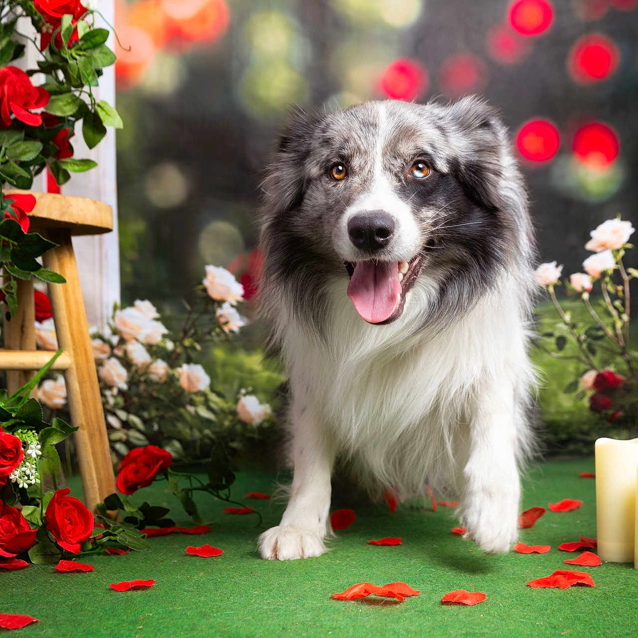 Prince participe au concours pour gagner de l'argent avec cette photo : animal, border_collie, candles, cute, decor, dog, flowers, fur, green_carpet, happy, indoor, lantern, nature, pet, pet_portrait, plant, portrait, romantic, roses, tongue_out