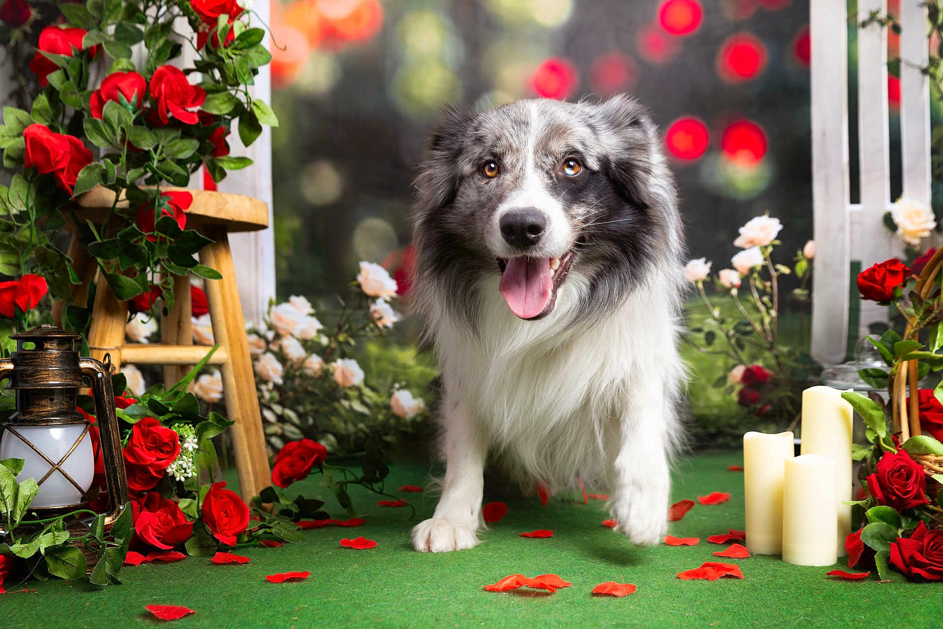 Prince participe au concours pour gagner de l'argent avec cette photo : dog, border_collie, flowers, roses, green_carpet, candles, lantern, pet, animal, happy, tongue_out, fur, portrait, indoor, decor, romantic, nature, plant, pet_portrait, cute