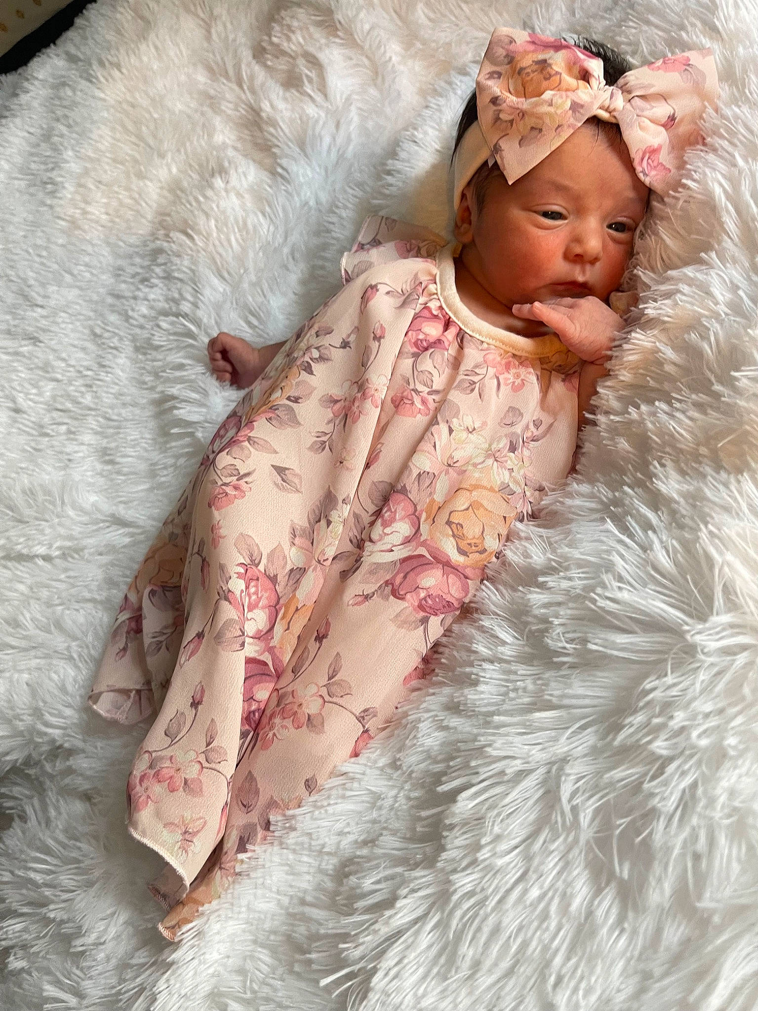 Jazlynn joined the competition — help win amazing prizes! baby, baby_toddler_clothing, bedding, bridal_accessory, child, comfort, embellishment, fashion_accessory, fashion_design, fur, fur_clothing, headgear, headpiece, headwear, linens, pattern, peach, person, pink, sleeve