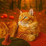Nietzsche participe au concours pour gagner de l'argent avec cette photo : cat, ginger_cat, autumn, fall, pumpkins, forest, orange, cozy, blanket, nature, outdoor, animal, pet, relaxed, feline, leaves, seasonal, warm_colors, portrait, background