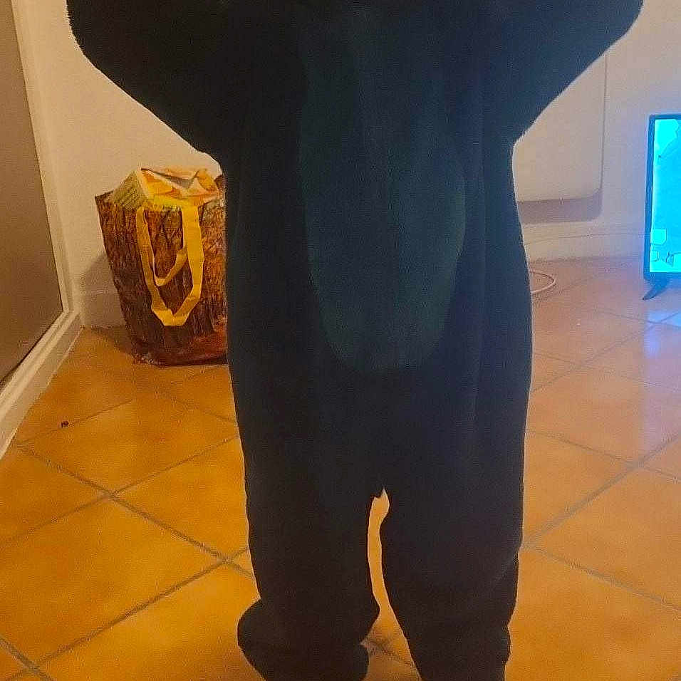 Dyliam a rejoint le concours — aidez-le/la à gagner de superbes lots ! bag, blue, casual, child, costume, cute, floor, fun, glasses, home, hood, indoor, monster_costume, onesie, person, playful, socks, standing, television, tiled_floor