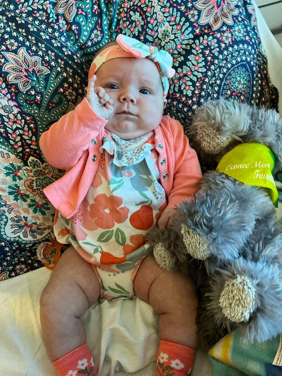 Zaelynn is registered to the contest to win money with this photo: baby, baby_products, baby_sleeping, baby_toddler_clothing, child, comfort, couch, fun, fur, happy, linens, pattern, person, portrait_photography, room, sitting, skin, stuffed_toy, textile, toddler