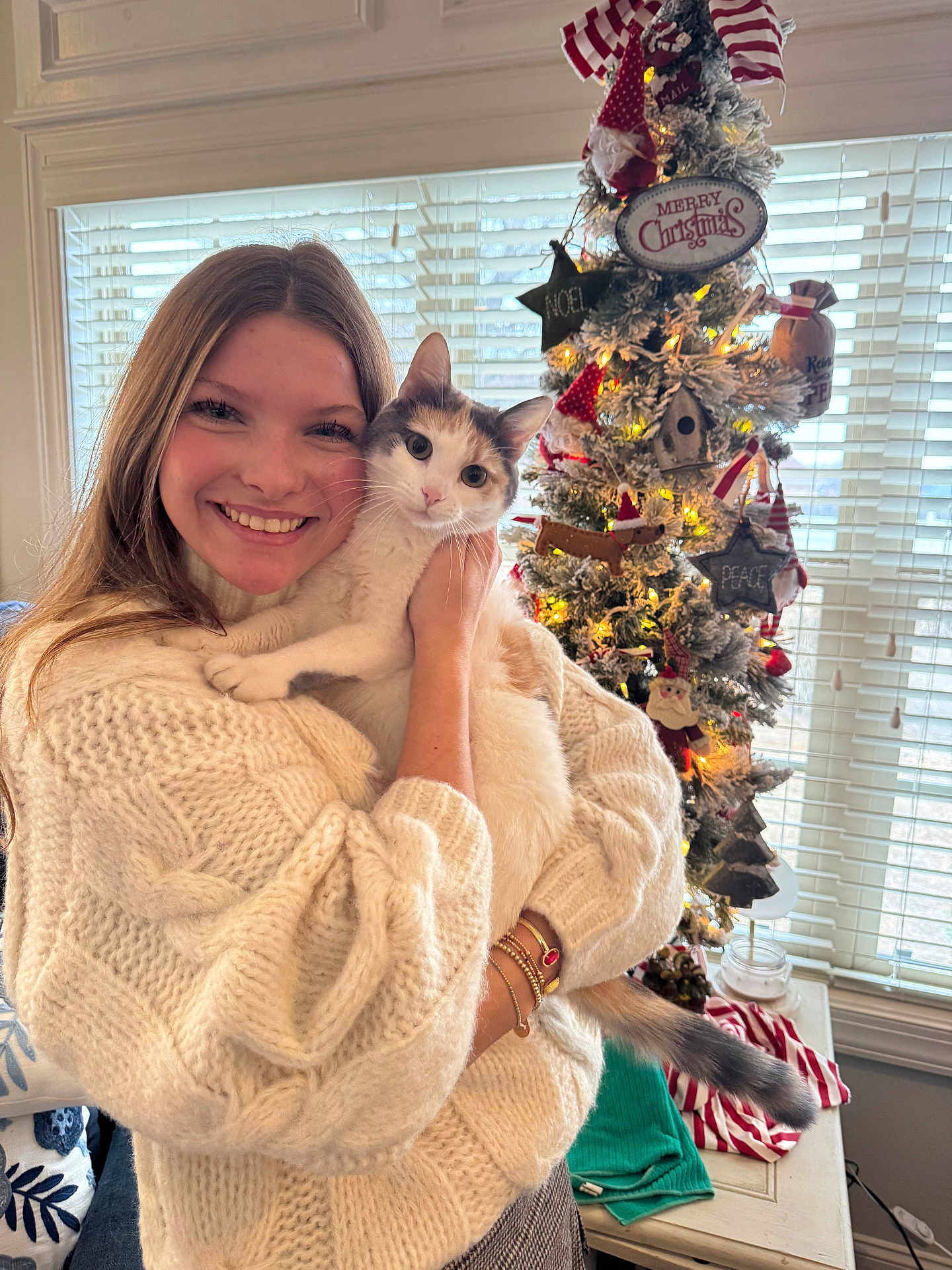 Kitty joined the competition — help win amazing prizes! woman, cat, calico_cat, sweater, smiling, christmas_tree, holiday_decorations, window_blinds, bracelets, indoor, festive, happy, pet, holding, furniture, table, lights, ornaments, face, warm_lighting