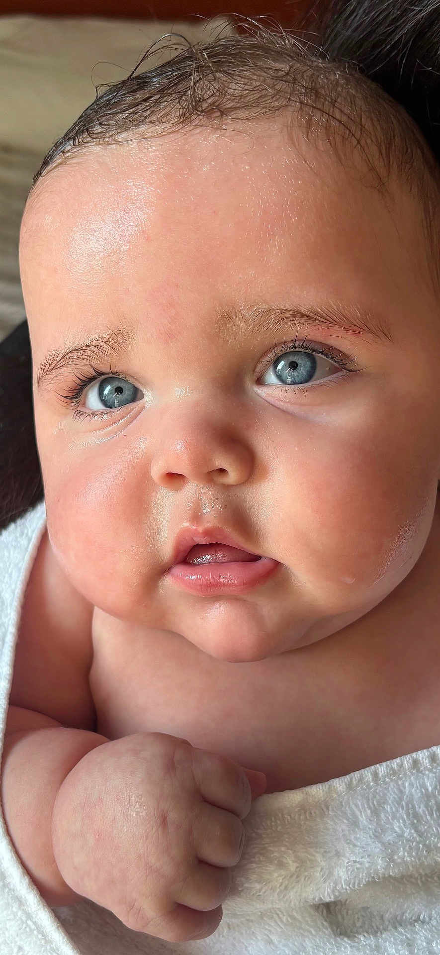 Ezree joined the competition — help win amazing prizes! adorable, baby, blue_eyes, child, chubby_cheeks, close_up, curious, cute, expression, face, flesh, hand, human, infant, newborn, portrait, skin, soft_light, towel, young