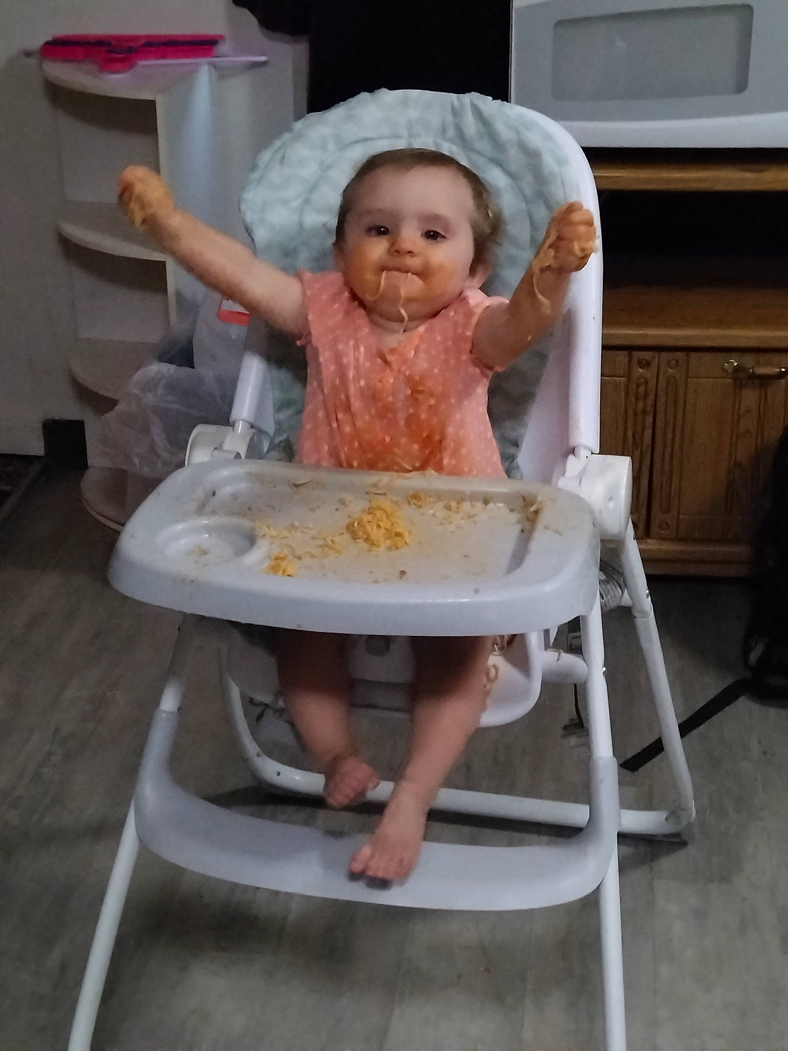 Treya is registered to the contest to win money with this photo: baby, baby_products, baby_safety, baby_toddler_clothing, bathing, chair, child, comfort, cooking, face, flooring, food, fun, person, plastic, room, sitting, smile, table, tableware