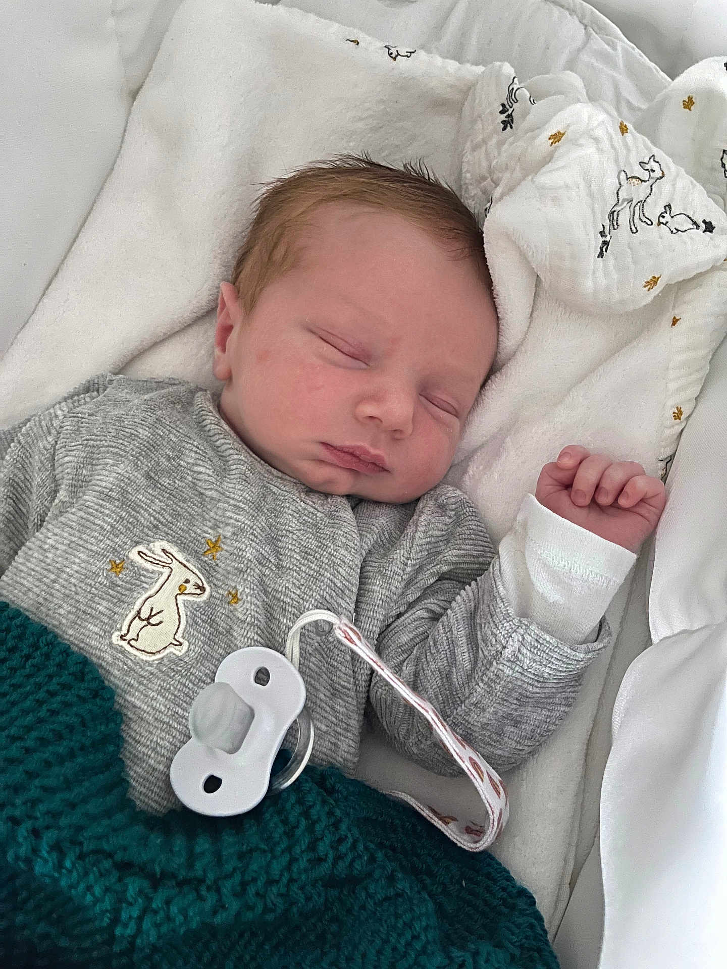 Léo a rejoint le concours — aidez-le/la à gagner de superbes lots ! baby, newborn, sleeping, pacifier, blanket, gray_clothing, bunny_patch, white_blanket, animal_print, knitted_blanket, infant, cozy, peaceful, cute, child, indoors, soft_texture, resting, portrait, hand