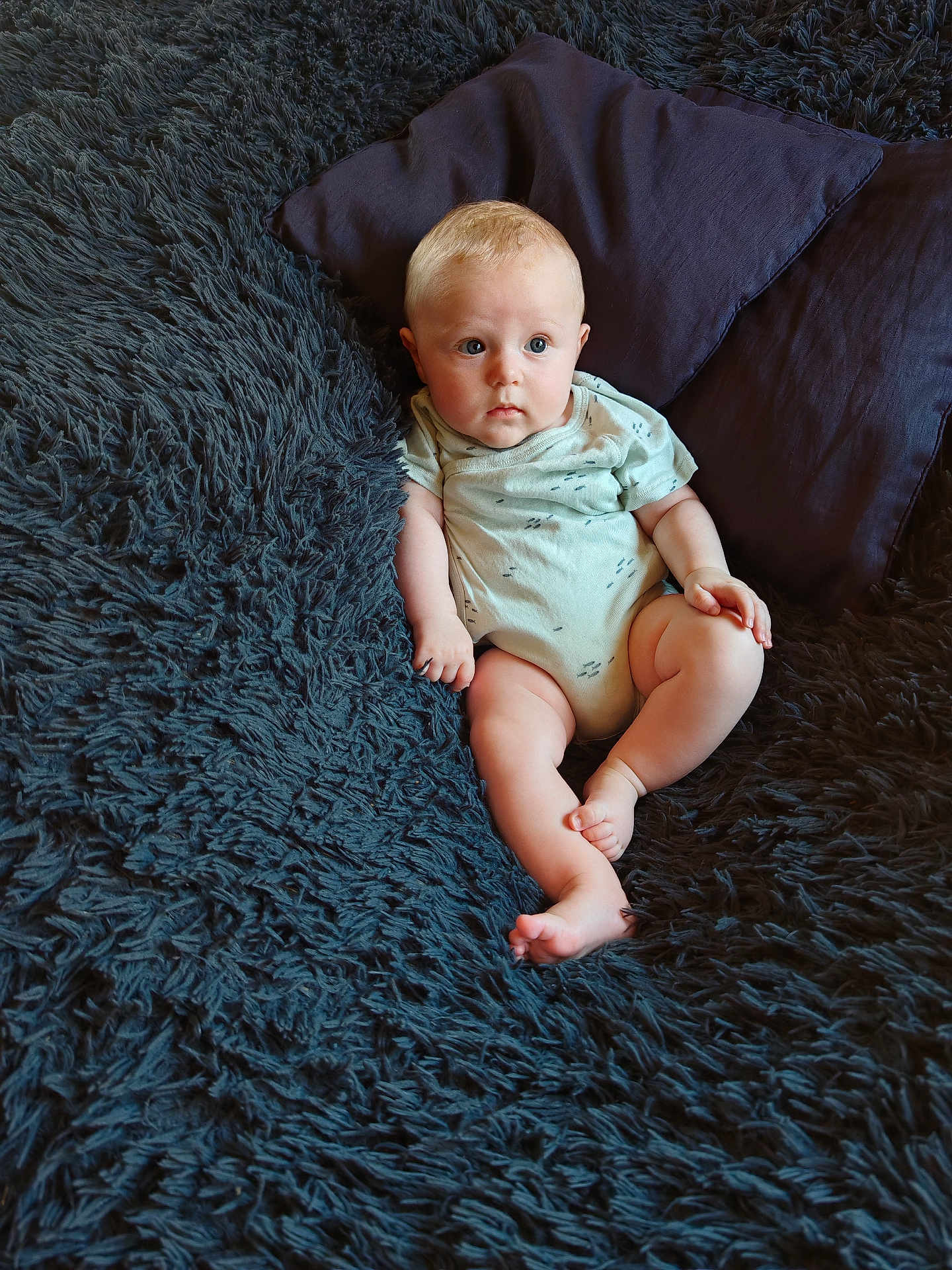 Matthia participe au concours pour gagner de l'argent avec cette photo : baby, infant, child, blue_eyes, plush_blanket, dark_pillow, curious, sitting, indoor, soft_texture, comfort, cute, casual_clothing, light_hair, chubby_legs, portrait, relaxing, home, young, person