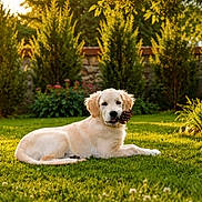 Baya participe au concours pour gagner de l'argent avec cette photo : backyard, canine, dog, flower, garden, golden_retriever, grass, greenery, leaves, nature, outdoor, peaceful, pet, plant, puppy, relaxing, summer, sunlight, sunset, tree