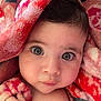 baby, child, face, eyes, blanket, hand, skin, infant, closeup, expression, cute, soft, warm, portrait, wrapped, cozy, comfort, pink, red, toddler