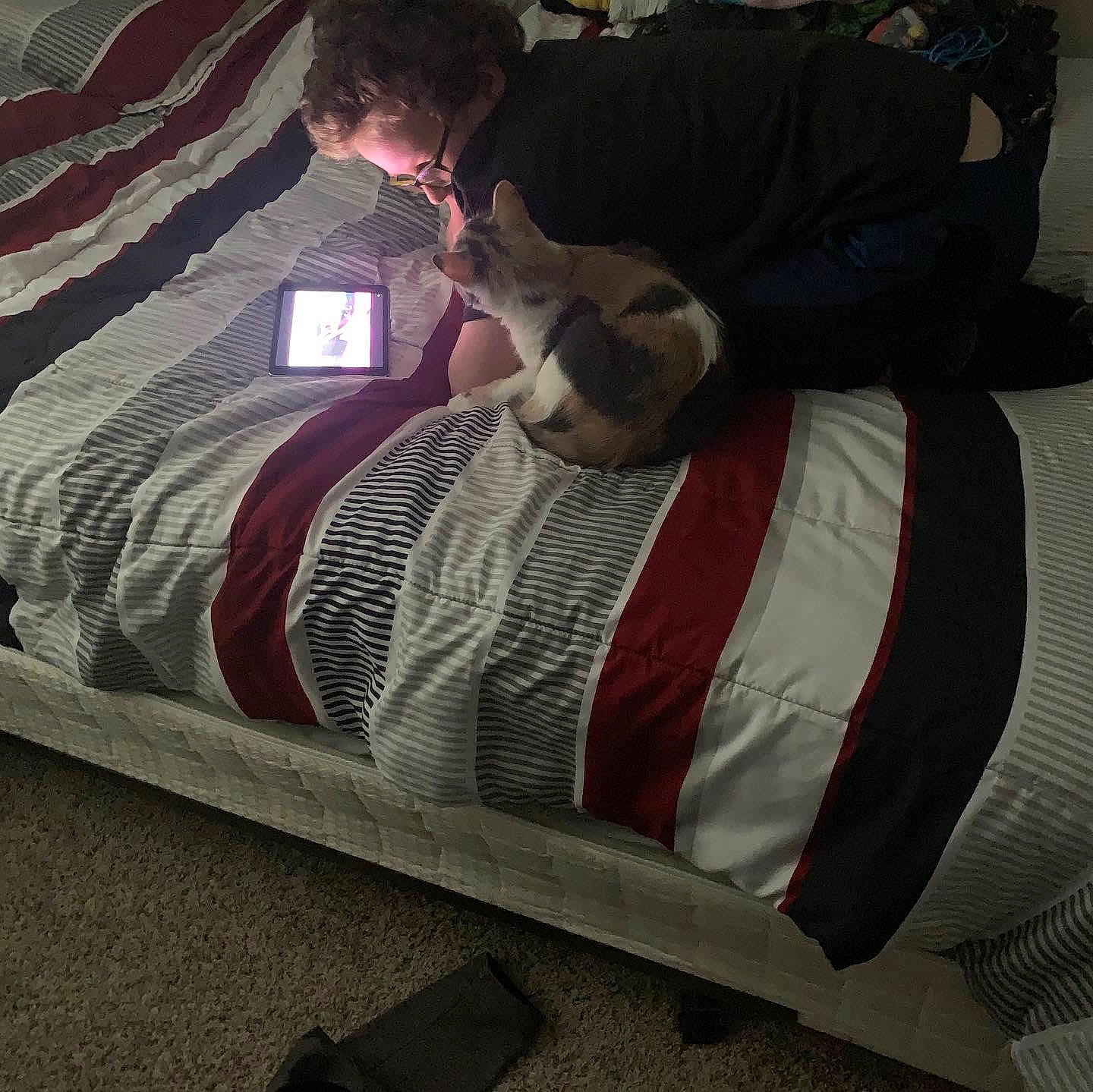 Krystal is registered to the contest to win money with this photo: bed, bed_frame, bed_sheet, bedding, bedroom, carmine, comfort, couch, flooring, grey, human_leg, linens, pattern, pillow, room, t_shirt, textile, throw_pillow, tints_and_shades, wood