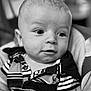 James Baby Jam joined the competition — help win amazing prizes! baby, infant, child, face, portrait, striped_shirt, clothing, seat, cushion, expression, eyes, head, skin, person, black_and_white, closeup, cute, young, indoors, soft_focus
