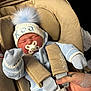 newborn, baby, car_seat, pacifier, blue_clothing, knitwear, hat, pom_pom, sleeping, infant, hand, tattoo, seat_belt, safety, child, cozy, indoor, person, cute, warm