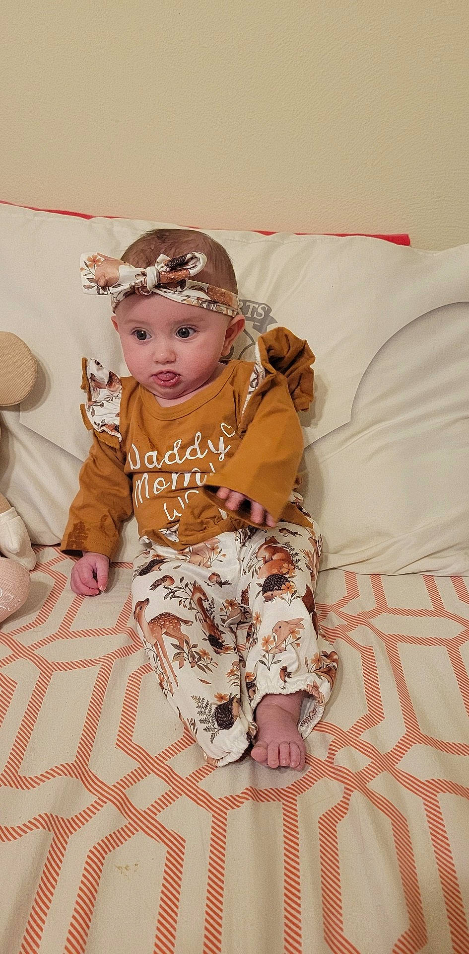 Hayleigh joined the competition — help win amazing prizes! baby, baby_toddler_clothing, cap, child, comfort, costume_hat, fashion_accessory, fun, fur, happy, hat, headband, headwear, linens, mechanical_fan, pattern, peach, person, pink, sitting