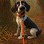 Ulk a rejoint le concours — aidez-le/la à gagner de superbes lots ! dog, animated, forest, leash, orange_collar, trees, foliage, mist, sitting, nature, brown_leaves, woods, cute, pet, animal, whiskers, ears, snout, spots, outdoor