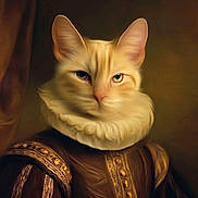Remi Belvin is registered to the contest to win money with this photo: cat, portrait, regal, ruff_collar, ornate_clothing, renaissance_style, painting_effect, soft_focus, aristocrat, feline, costume, historical, brown_background, closeup, animal, luxury, gold_detail, serious_expression, fluffy_fur, majestic