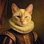 animal, aristocrat, brown_background, cat, closeup, costume, feline, fluffy_fur, gold_detail, historical, luxury, majestic, ornate_clothing, painting_effect, portrait, regal, renaissance_style, ruff_collar, serious_expression, soft_focus