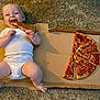 Marty is registered to the contest to win money with this photo: baby, carpet, cheese_pizza, child, cute, eating, floor, food, hand, happy, indoor, infant, legs, mouth_open, person, pizza, pizza_box, slice, smiling, white_onesie