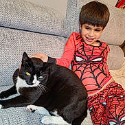Tico a rejoint le concours — aidez-le/la à gagner de superbes lots ! animal, black_cat, boy, casual, cat, child, couch, cozy, feline, friendship, happy, home, indoor, pet, playful, portrait, relaxing, smiling, spiderman_costume, white_paws