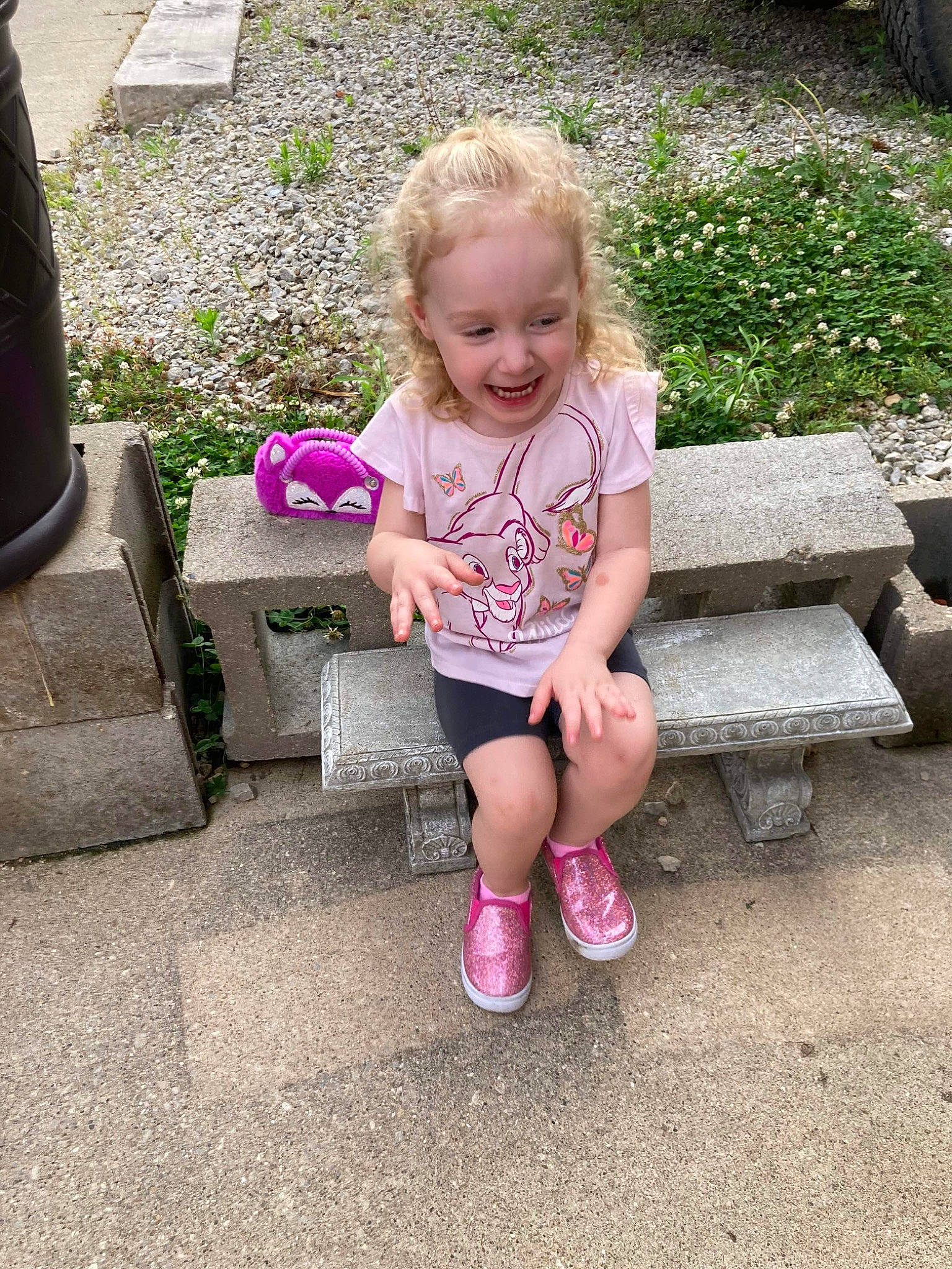 Bella joined the competition — help win amazing prizes! baby_toddler_clothing, clothing, facial_expression, grass, hair, hairstyle, hand, happy, head, joy, leg, leisure, mouth, person, pink, plant, shoe, sneakers, standing, summer