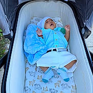 Mariangi joined the competition — help win amazing prizes! baby, infant, child, stroller, lying_down, blue_clothing, white_clothing, hat, blanket, socks, pacifier, outdoor, portrait, sleeping, awake, open_mouth, hands, bedding, fabric, family