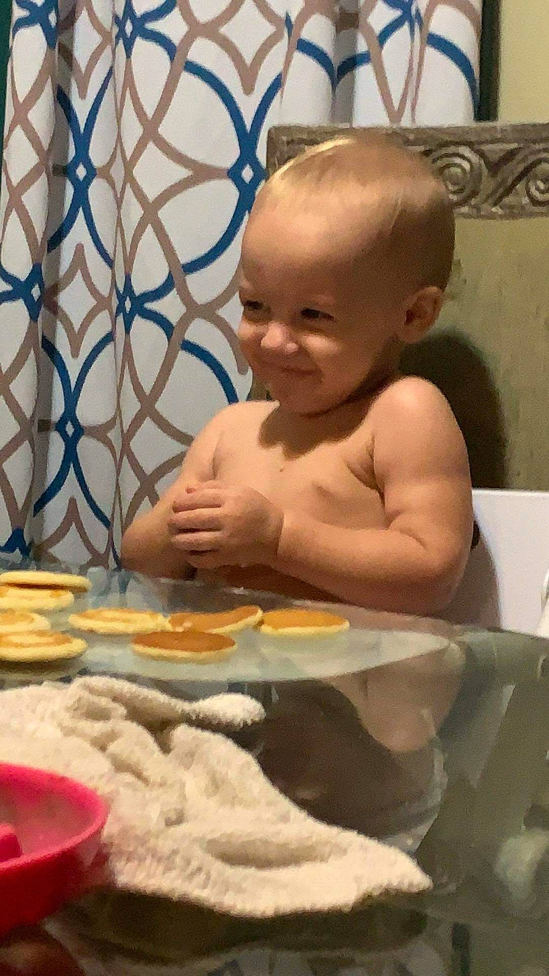 Greyson joined the competition — help win amazing prizes! baby, baby_bathing, bathing, beauty, cheek, chest, child, face, flooring, fun, head, leisure, linens, person, product, room, sitting, skin, smile, toddler