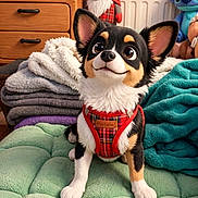 Balto participe au concours pour gagner de l'argent avec cette photo : dog, puppy, chihuahua, tricolor, black_and_white, brown, sitting, harness, plaid, blanket, bedroom, stuffed_animal, gnome, dresser, television, cozy, indoor, portrait, cute, pet
