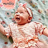 baby, child, infant, smiling, pink_dress, headband, floral_pattern, portrait, cute, happy, laying_down, celebration, milestone, two_months, soft_focus, fabric, clothing, flower, person, newborn
