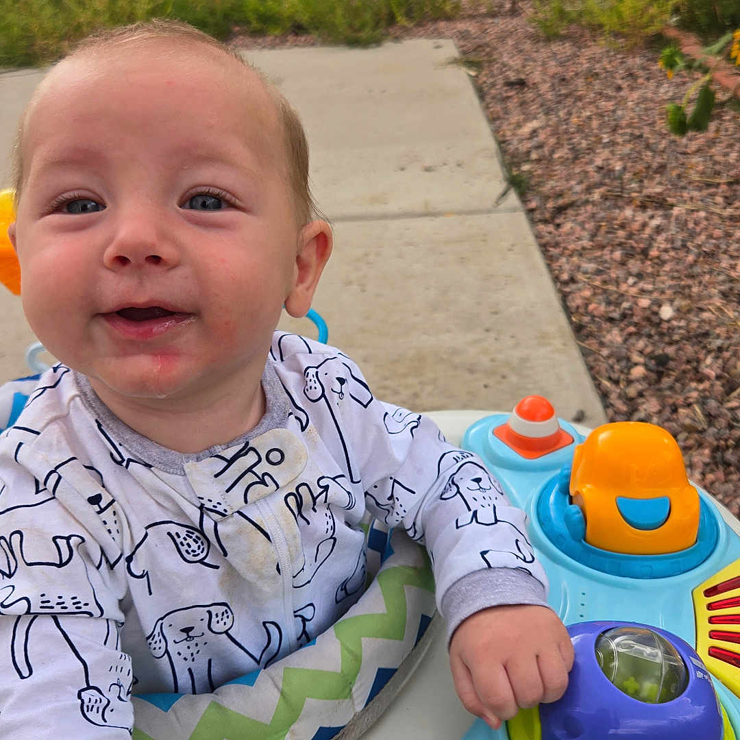 Brisben is registered to the contest to win money with this photo: baby, child, clothing, colorful, cute, daylight, face, fence, grass, hand, happy, infant, nature, outdoor, person, play, smile, sunflowers, toy, walker