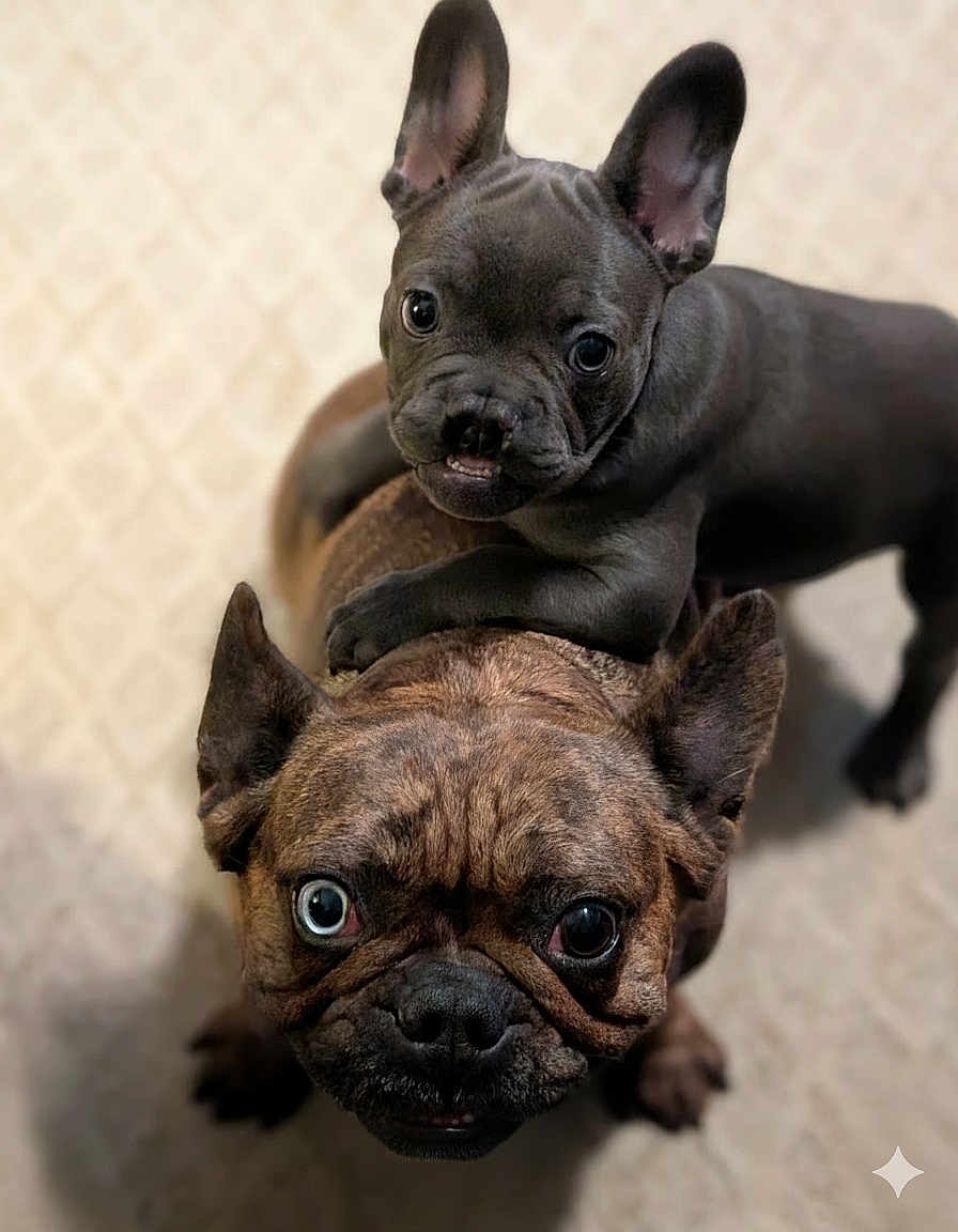 Gene is registered to the contest to win money with this photo: big_eyes, black_puppy, brindle, carpet, close_up, companionship, cute, dog, erect_ears, french_bulldog, indoor, looking_up, pet, playful, portrait, puppy, shallow_depth_of_field, stacked, two_dogs, wrinkled_face