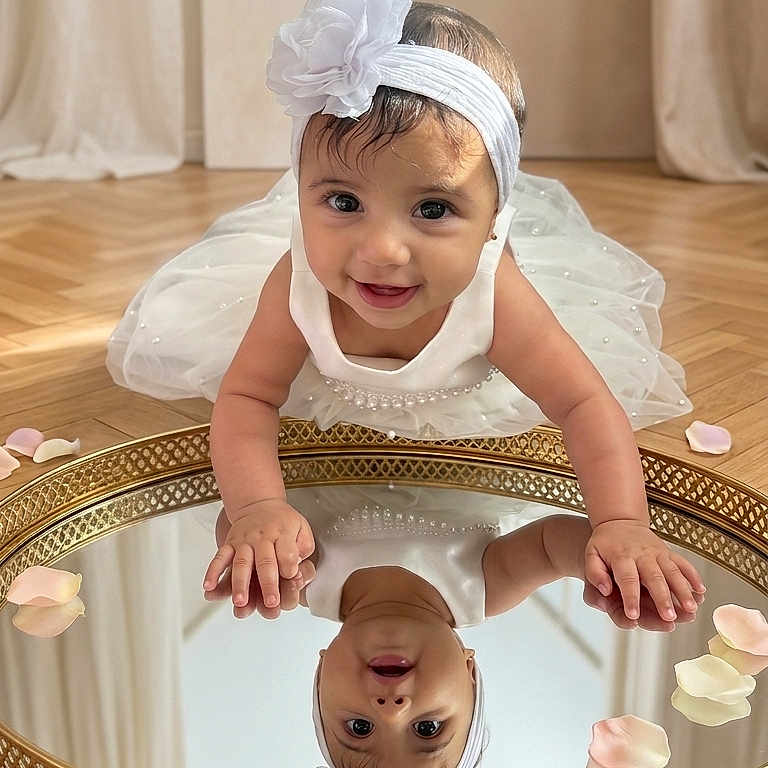 Gianna Pena joined the competition — help win amazing prizes! baby, child, mirror, reflection, flower_headband, white_dress, crawling, rose_petals, wooden_floor, cute, smiling, indoors, portrait, decorative_mirror, happy, headband, infant, floor, reflection_symmetry, toddler