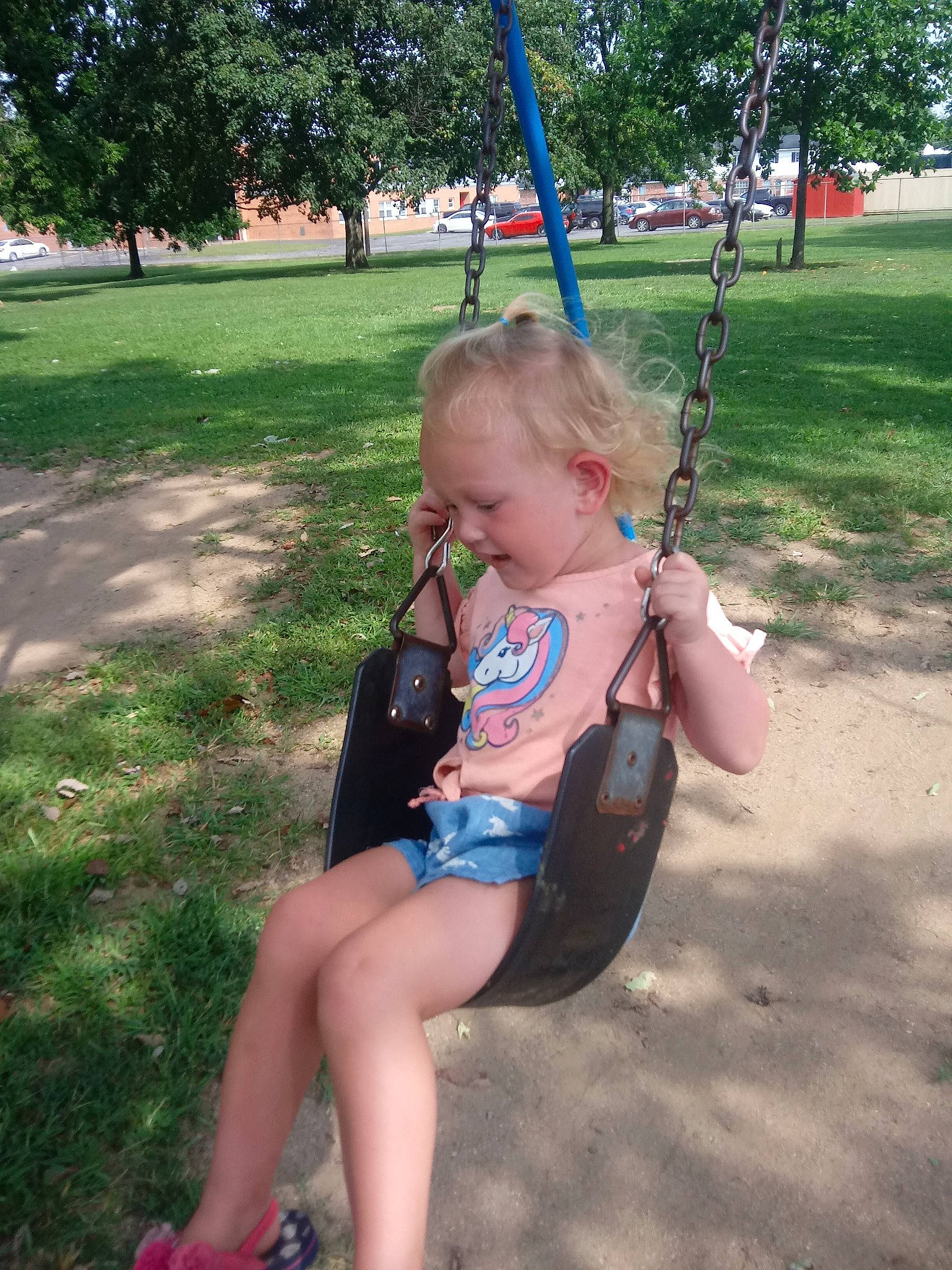Mayabella joined the competition — help win amazing prizes! child, fun, grass, leg, leisure, outdoor_play_equipment, park, person, play, playground, public_space, recreation, smile, summer, swing, toddler, tree, vacation