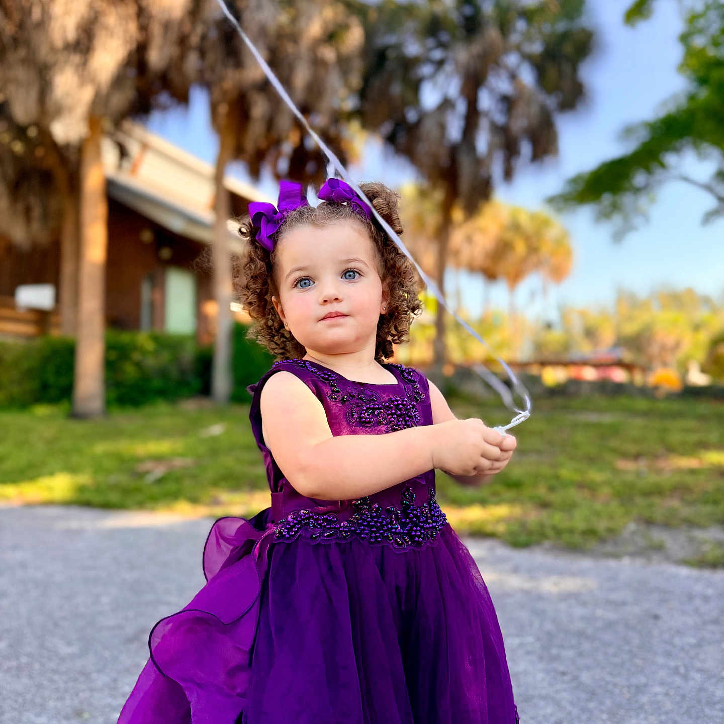 Ellary joined the competition — help win amazing prizes! background_blur, balloon_string, child, curly_hair, cute, daylight, face, girl, grass, greenery, outdoor, palm_trees, person, portrait, purple_dress, smile, string, sunny, trees, young_child