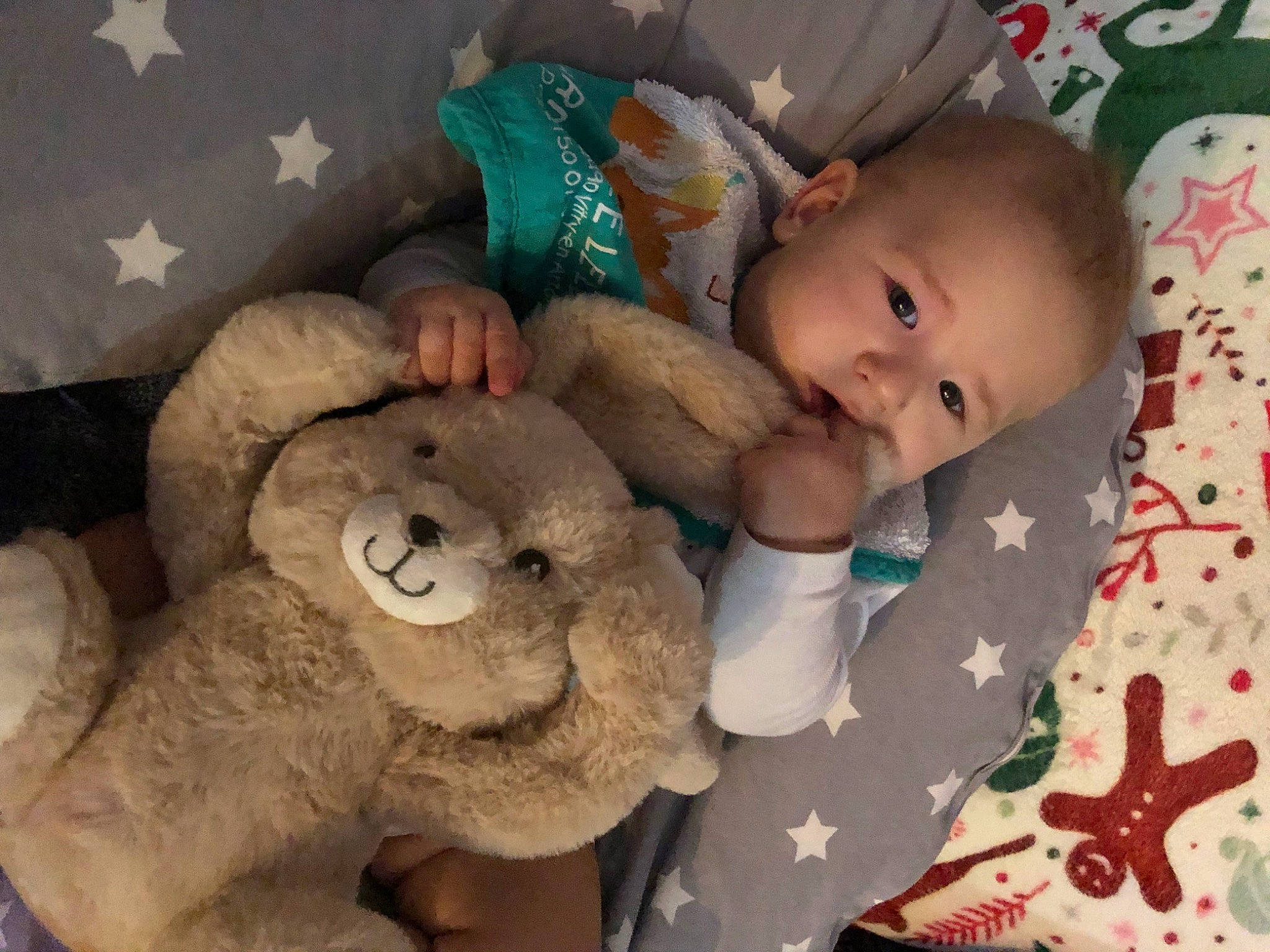 Théo participe au concours pour gagner de l'argent avec cette photo : baby, baby_products, baby_sleeping, baby_toddler_clothing, baby_toys, bedtime, cheek, child, comfort, fur, happy, linens, person, plush, room, skin, stuffed_toy, teddy_bear, textile, toddler