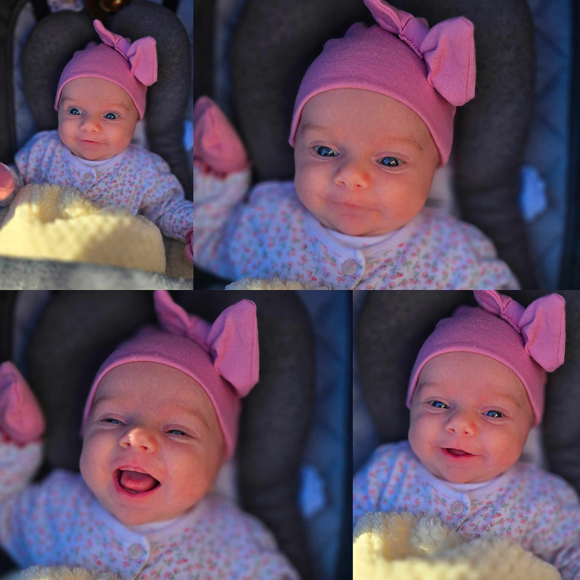 Esmé is registered to the contest to win money with this photo: art, baby, baseballcap, beanie, bonnet, bread, cap, clothing, collage, costume, face, fleece, food, hat, head, newborn, person, photography, portrait, purple