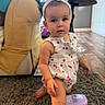 Nova joined the competition — help win amazing prizes! toddler, child, indoor, carpet, lotion_bottle, headband, romper, cherry_pattern, furniture, chair, flooring, curious, person, skin, barefoot, living_room, home, young_child, walking, cute