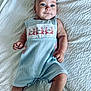 baby, infant, child, romper, clothing, striped, crab, embroidery, bed, blanket, white, texture, cute, face, smile, eyes, skin, hand, foot, lying