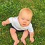 baby, child, grass, outdoor, greenery, blue_eyes, white_shirt, shorts, barefoot, sitting, curious, young_child, nature, summer, cute, infant, person, portrait, daylight, small_flowers